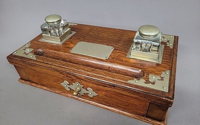 1/4 Cut Oak Large Double Cut Glass Ink Well with many silver decorative embellishments.& drawer.
