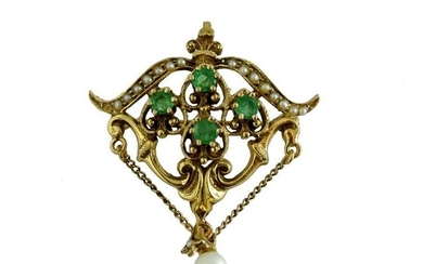 14K GOLD EMERALD SEED AND CULTURED PEARL PENDANT BROOCH