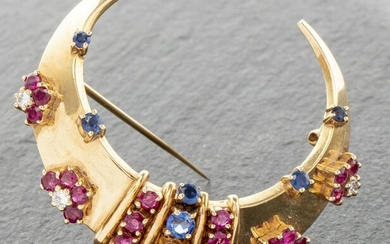 14K Gold Sapphire, Ruby & Diamond Crescent Brooch