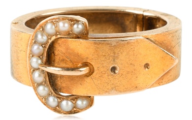 14K YELLOW GOLD AND SEED PEARL BUCKLE RING OR SCARF CLOSURE