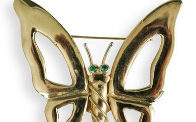 14k Gold and Emerald Butterfly Brooch