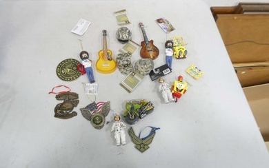 16 Christmas Ornaments incl 2 Bob Ross, 2 Guitars, 2 Astronauts, 3 US Army Helmet, Cycle, 2 Spongeb