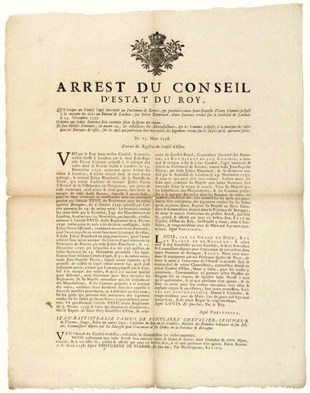 1738. BRITAIN. LOUDÉAC (22). MARKS CANVASES. "Arrest of the Council of State of the King, which evokes the appeal to the Parliament of RENNES (35) & prosecuted against Jean-Baptiste FLEURY Clerk in charge of the mark of the Canvases at the Office of...