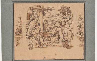 17th/18th century old master drawing. Figures in a landscape with a man shoveling. Monogram lower