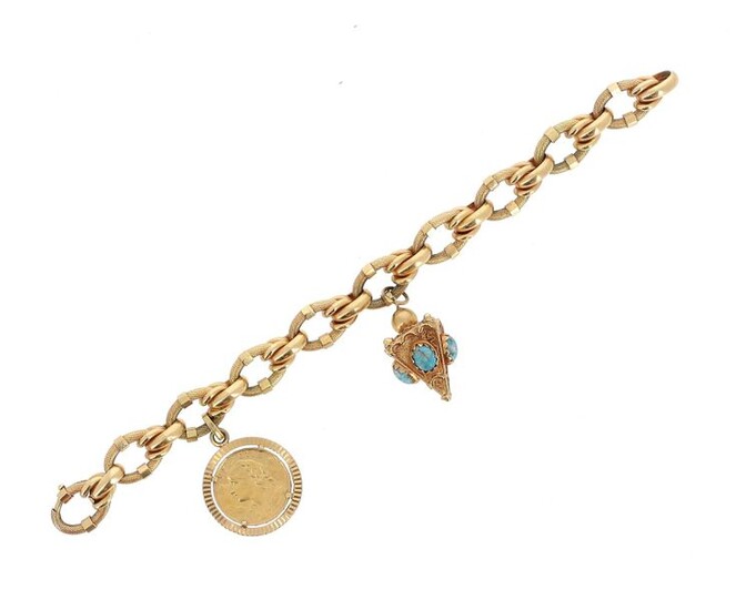 18 K (750 °/°°) yellow gold bracelet with partially guilloché oval links, bearing two charms also in 18 K yellow gold: a 20 franc Swiss Helvetia 1935 gold coin and a pyramid charm set with turquoise blue stone cabochons.