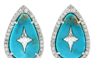 18 Karat Gold Turquoise Pear Star Diamond Stud Earrings