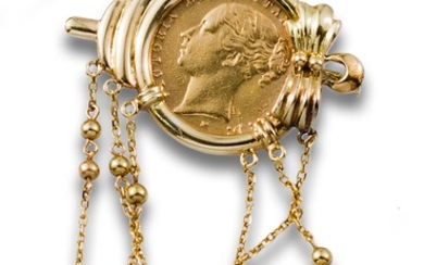18 kt. yellow gold brooch-pin consisting of a 1 sovereign coin, Queen Victoria, Great Britain,...