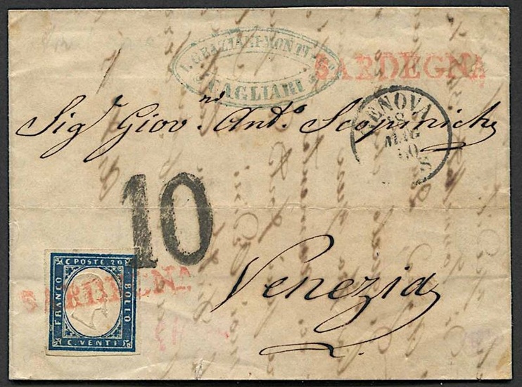 1860, Sardegna, lettera da Cagliari per Venezia del 12 maggio 1860