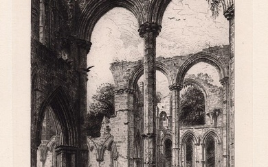 1882 Alfred Louis Brunet Debaines Fountains Abbey, Chapel of the Nine Altars etching signed