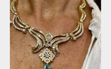 18K Yellow Gold Aquamarine & Diamond Necklace
