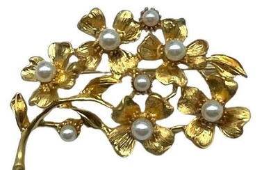 18KTGP Floral Brooch with Inlaid White Pearl Accents with Satin-Matte Gold Petals