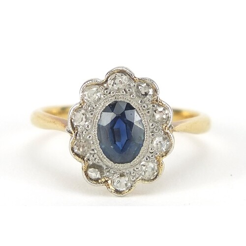 18ct gold and platinum sapphire and diamond ring, size I, 2....