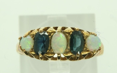 18ct gold, sapphire and opal ring, size P/Q, 2.7g. UK P&P Gr...
