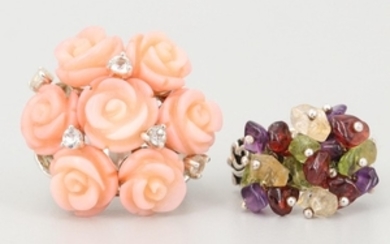 Sterling Silver Carved Coral and Gemstone Rings