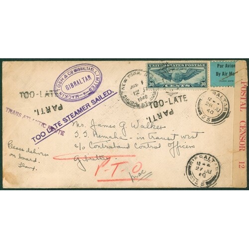 1940 incoming from the U.S.A, bearing 30c Winged Globe stamp...