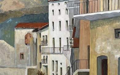 1950's Big Modernist/ Cubist Painting - Terraced French Apartments 1950's