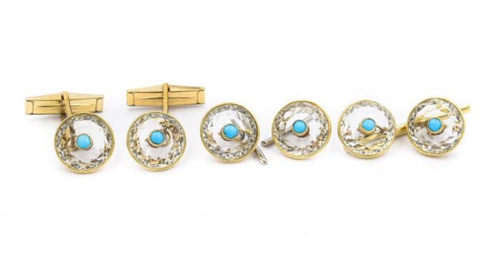 1970's Yellow Gold Crystal and Turquoise Tuxedo Stud