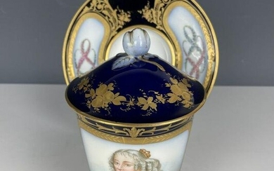 19TH C. LARGE SEVRES CHOCOLATE LIDED CUP AND SAUCER