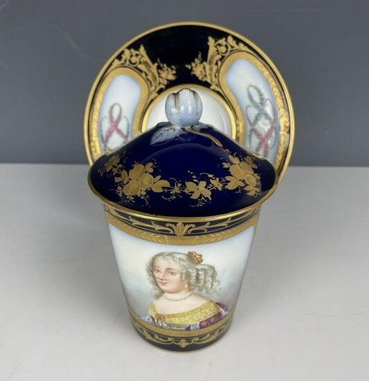 19TH C. LARGE SEVRES CHOCOLATE LIDED CUP AND SAUCER