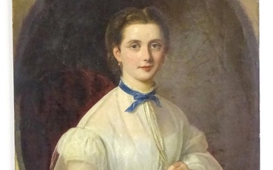 19th century, English School, Oil on canvas, A portrait of a young lady wearing a white dress with