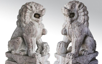 (2) Chinese carved marble Fu lions, 39"h