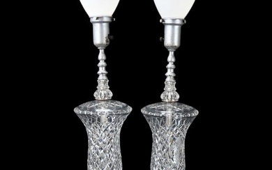 2 Cut Crystal 1940's Table Lamps Milk Glass Shades