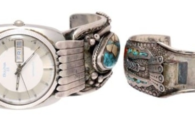 (2) NATIVE AMERICAN SILVER & TURQUOISE WATCH CUFFS