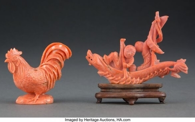 25066: Two Chinese Carved Coral Figures 3-1/2 x 3-3/4 x