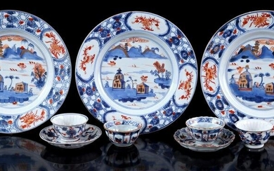 3 porcelain dishes with Imari decor of buildings in a
