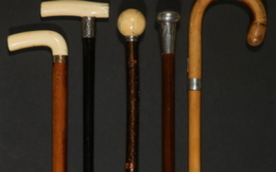 (5) CANES/WALKING STICKS, IVORY & SILVER HANDLES, ONE W/ SWORD