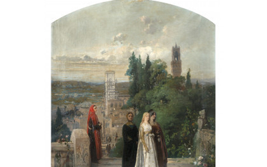Gerolamo Induno ( Milano 1825 - 1890 ) , "Dante e Beatrice" olio su tela (cm 108x88.5) Firmato in basso a sinistra Al retro: cartiglio (difetti) Esposizione: 1933 maggio,...