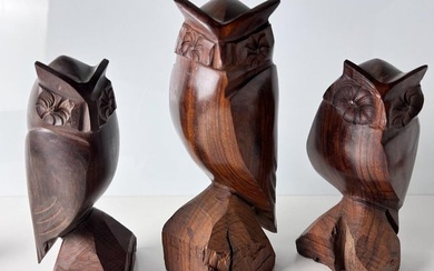 3pc Vintage Hand Carved hard wood Modernist Owls mid century made in Mexico