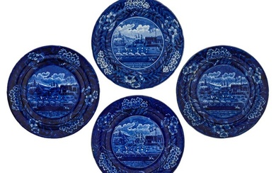 4 Landing of Lafayette Blue Staffordshire Plates