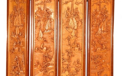 (-), 4-turn rosewood folding screen with rich decor...