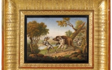 AN ITALIAN MICROMOSAIC PICTURE OF A BOAR HUNT, BY COSTANTINO RINALDI, ROME, FIRST QUARTER 19TH CENTURY