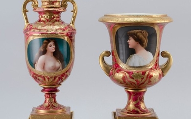 TWO ROYAL VIENNA-STYLE HAND-PAINTED PORCELAIN URNS Both with finely rendered portraits of women signed "Ferd" and tooled gilt flower...