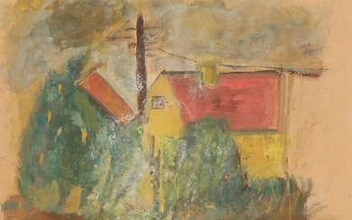 Robert Jacobsen: Child drawing depicting the artist parents home. Unsigned. Pastel on paper. Sheet size 22×31 cm.