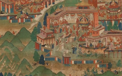 A THANGKA DEPICTING EPISODES FROM THE LIFE OF NGORPA RINCHEN GYALTSEN 18th Century