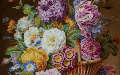 66 Corbeille de fleurs sur un entablement, plaque en porcelaine polychrome, signée Elise BARD et...
