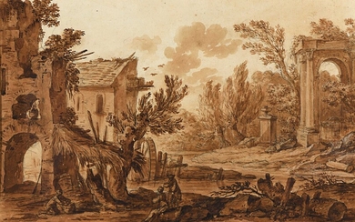 66 Ecole Française du XVIIIème siècle Paysage animé au moulin dans des ruines Craie noire...