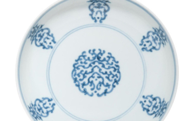 A BLUE AND WHITE 'SHOU'-CHARACTER DISH, DAOGUANG SIX-CHARACTER SEAL MARK IN UNDERGLAZE-BLUE AND OF THE PERIOD (1821-1850)