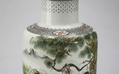 Chinese famille rose rouleau vase, signed Wang Yijun