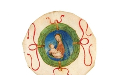 Cutting from a manuscript, probably a choirbook, with the Virgin and Child in a wreath, manuscript on parchment [Italy (perhaps Florence or vicinity), fifteenth century]