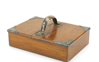 Edwardian oak cigar box with silver mounts and handle