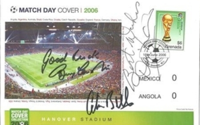 Football Match day cover 2006 Hanover Stadium Mexico v Angola PM 16th June 2006 signed by Bobby Charlton, Colin Bell and...