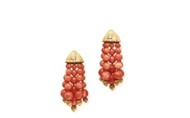 Pair of Gold and Coral Earclips, Van Cleef & Arpels