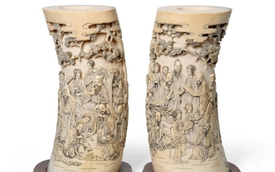 A Pair of Japanese Ivory Tusk Vases, Meiji period, each...