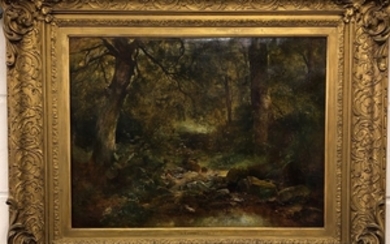 John Crawford Wintour A.R.S.A (Scottish 1825-1882). A large gilt framed oil on canvas of a pool of water in a forest, framed 86 x 74cm.
