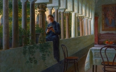 Kristian ZAHRTMANN Rønne, 1843 - Copenhague, 1917 Jeune prêtre assis sur un mur dans le cloître de l'albergo della Luna à Amalfi, dans le fond la Madonna della Civita de Zahrtmann
