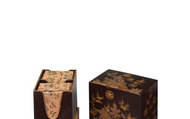 A LACQUER CARD BOX AND COVER CONTAINING CARDS FOR THE CARD GAME UTA-GARUTA [ONE HUNDRED PEOPLE, ONE POEM (EACH)], EDO PERIOD, 19TH CENTURY